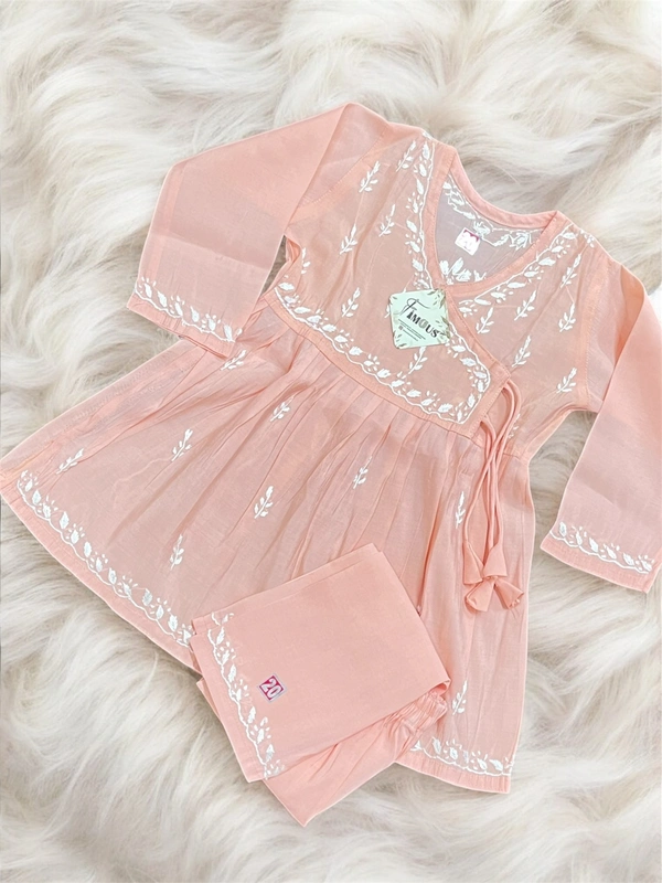 Peach Angarkha Style Chikankari Kids Dress - Peach, 34