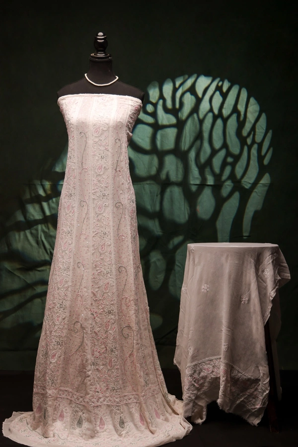Premium Chikankari Anarkali And Dupatta Set - Off White, Semi Stiched