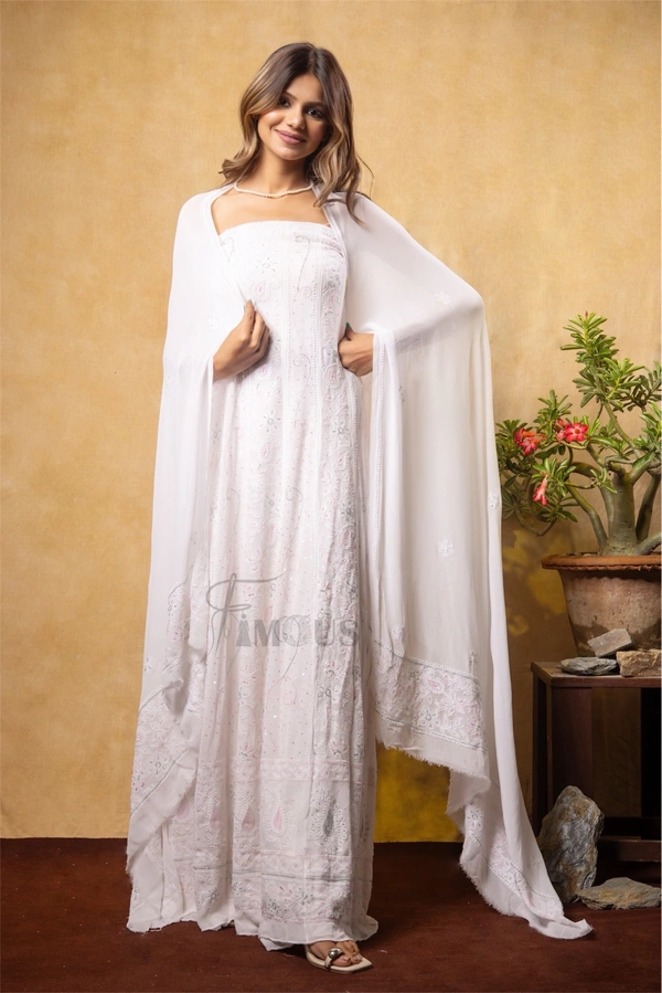 Premium Chikankari Anarkali And Dupatta Set - Off White, Semi Stiched