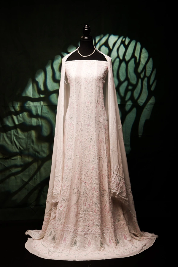 Premium Chikankari Anarkali And Dupatta Set - Off White, Semi Stiched