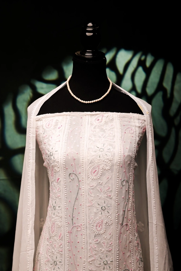 Premium Chikankari Anarkali And Dupatta Set - Off White, Semi Stiched