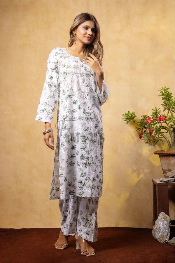Beautiful Chikankari Mulmul Print Kurti Plazo Set-Mehndi  - 4XL(48), Mehndi Print