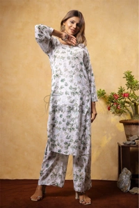 Beautiful Chikankari Mulmul Print Kurti Plazo Set-Mehndi  - 4XL(48), Mehndi Print