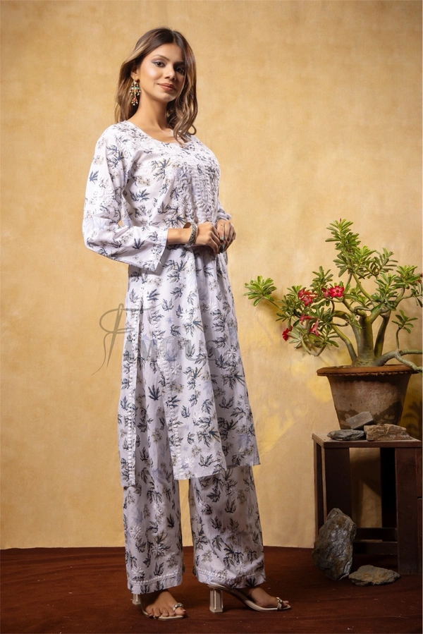 Beautiful Chikankari Mulmul Print Kurti Plazo Set-Grey - 2XL(44), Grey Print