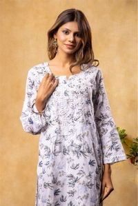 Beautiful Chikankari Mulmul Print Kurti Plazo Set-Grey - 2XL(44), Grey Print