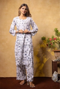 Beautiful Chikankari Mulmul Print Kurti Plazo Set-Grey - 2XL(44), Grey Print