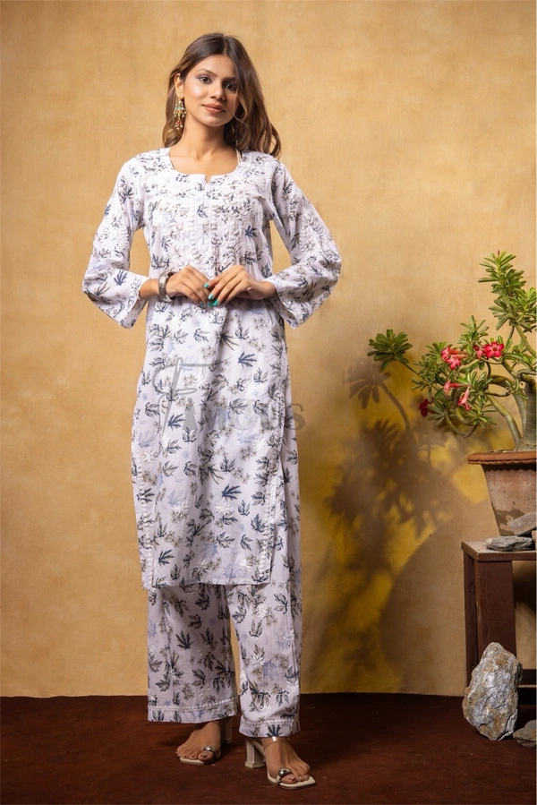 Beautiful Chikankari Mulmul Print Kurti Plazo Set-Grey - 2XL(44), Grey Print