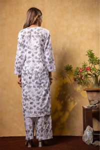 Beautiful Chikankari Mulmul Print Kurti Plazo Set-Grey - 2XL(44), Grey Print