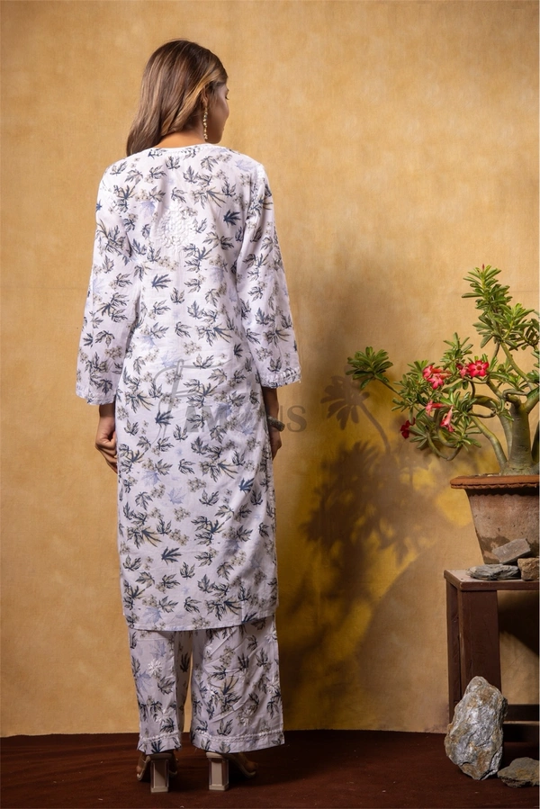 Beautiful Chikankari Mulmul Print Kurti Plazo Set-Grey - 2XL(44), Grey Print
