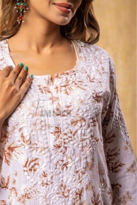 Beautiful Chikankari Mulmul Print Kurti Plazo Set-Beige - L(40), Beige Print
