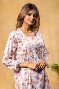 Beautiful Chikankari Mulmul Print Kurti Plazo Set-Beige - XL(42), Beige Print