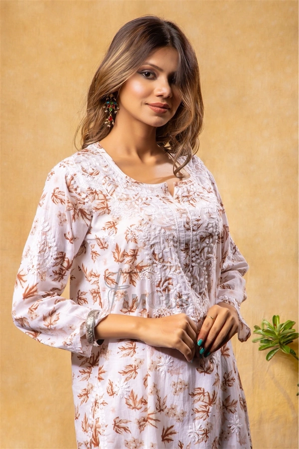 Beautiful Chikankari Mulmul Print Kurti Plazo Set-Beige - XL(42), Beige Print