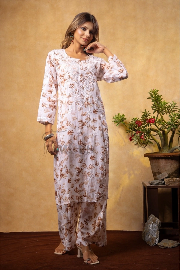 Beautiful Chikankari Mulmul Print Kurti Plazo Set-Beige - 2XL(44), Beige Print