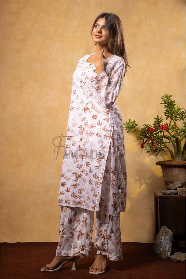 Beautiful Chikankari Mulmul Print Kurti Plazo Set-Beige - 3XL(46), Beige Print