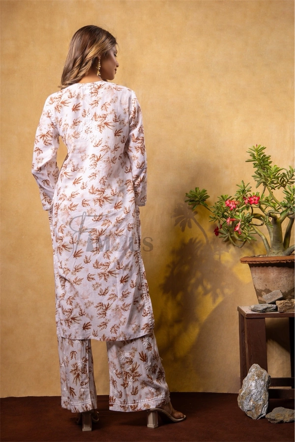 Beautiful Chikankari Mulmul Print Kurti Plazo Set-Beige - 3XL(46), Beige Print
