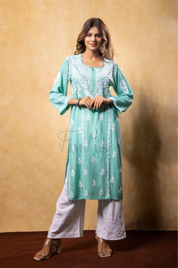 Sea Green Chikankari Kali Style Long Kurti  - 2XL(44), Sea Green