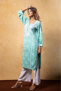 Sea Green Chikankari Kali Style Long Kurti  - 2XL(44), Sea Green