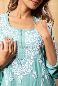 Sea Green Chikankari Kali Style Long Kurti  - 2XL(44), Sea Green