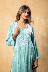 Sea Green Chikankari Kali Style Long Kurti  - 2XL(44), Sea Green