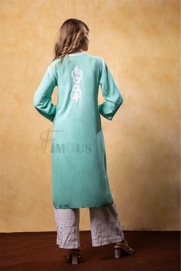 Sea Green Chikankari Kali Style Long Kurti  - 2XL(44), Sea Green