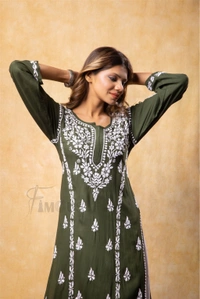 Bottle Green Chikankari Kali Style Long Kurti  - M(38), Bottle Green