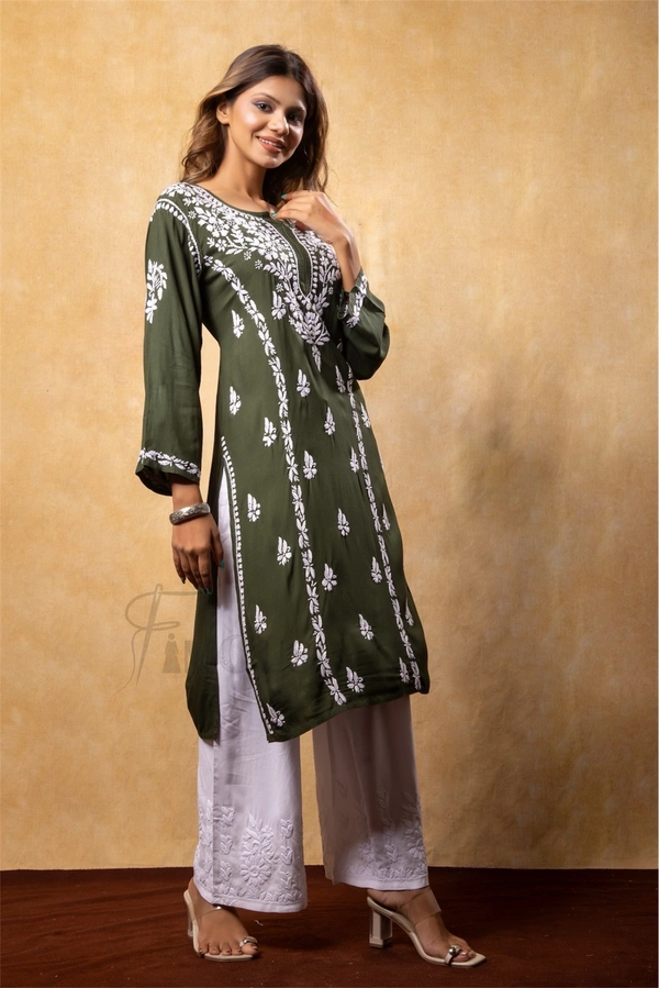 Bottle Green Chikankari Kali Style Long Kurti  - M(38), Bottle Green