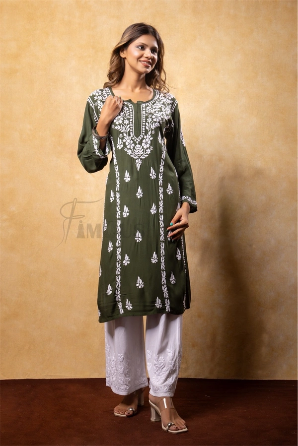 Bottle Green Chikankari Kali Style Long Kurti  - M(38), Bottle Green