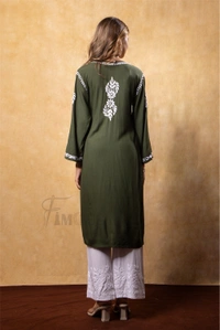 Bottle Green Chikankari Kali Style Long Kurti  - M(38), Bottle Green