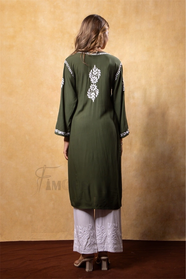 Bottle Green Chikankari Kali Style Long Kurti  - XL(42), Bottle Green