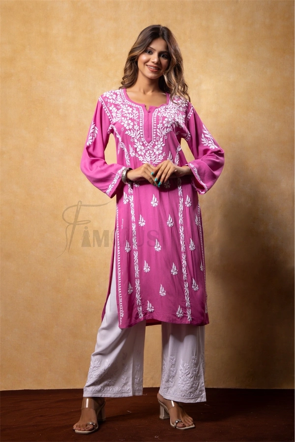 Magenta Chikankari Kali Style Long Kurti  - M(38), Magenta