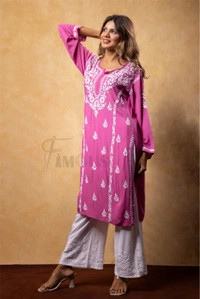 Magenta Chikankari Kali Style Long Kurti  - M(38), Magenta