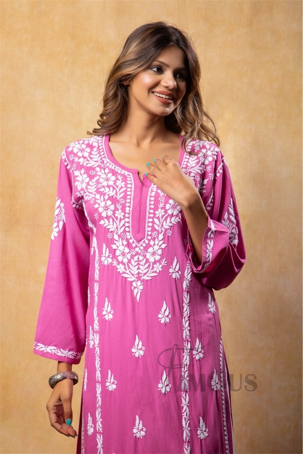 Magenta Chikankari Kali Style Long Kurti  - M(38), Magenta