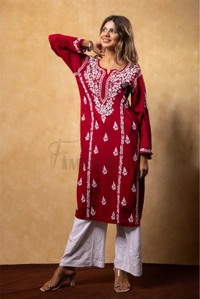 Maroon Chikankari Kali Style Long Kurti  - M(38), Maroon