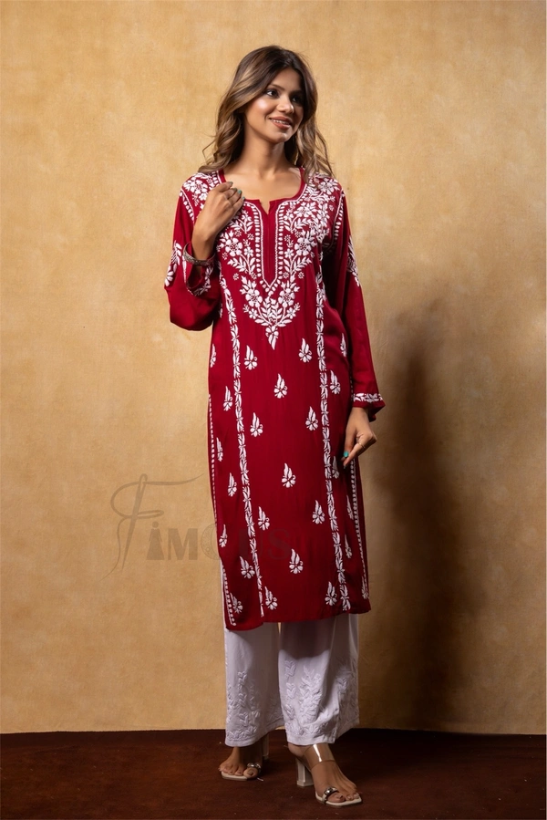Maroon Chikankari Kali Style Long Kurti  - M(38), Maroon