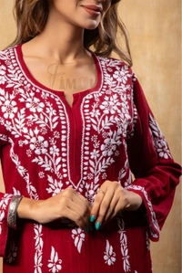Maroon Chikankari Kali Style Long Kurti  - M(38), Maroon