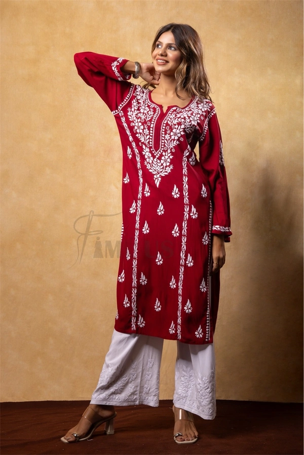 Maroon Chikankari Kali Style Long Kurti  - L(40), Maroon