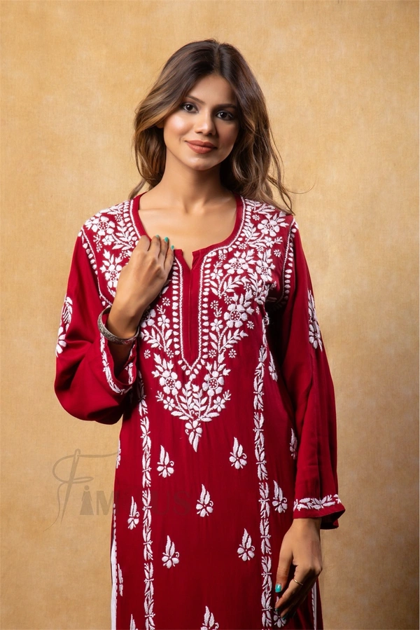 Maroon Chikankari Kali Style Long Kurti  - L(40), Maroon