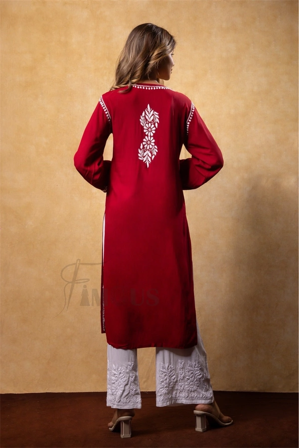 Maroon Chikankari Kali Style Long Kurti  - 2XL(44), Maroon