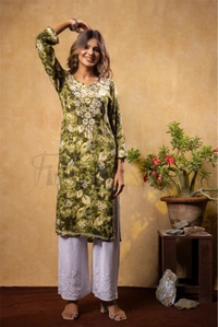 Reyon Gold Print Chikankari Straight Long Kurti- Mehndi Green - M(38), Mehndi Green