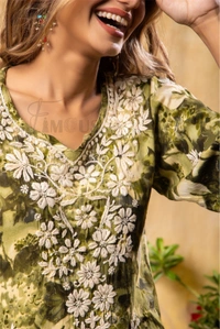 Reyon Gold Print Chikankari Straight Long Kurti- Mehndi Green - M(38), Mehndi Green