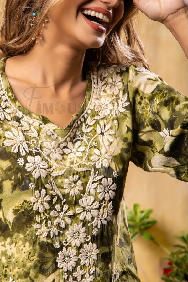 Reyon Gold Print Chikankari Straight Long Kurti- Mehndi Green - M(38), Mehndi Green