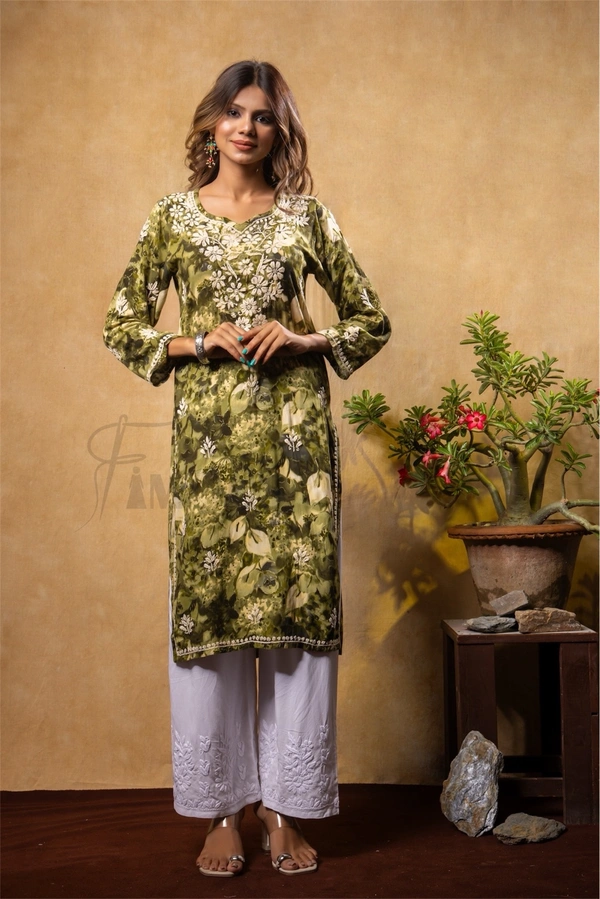 Reyon Gold Print Chikankari Straight Long Kurti- Mehndi Green - 2XL(44), Mehndi Green