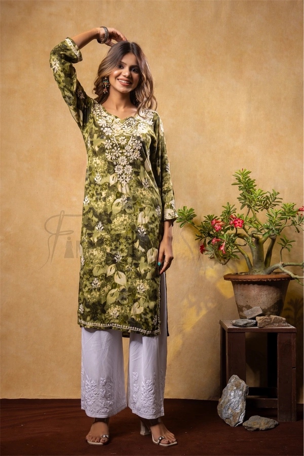 Reyon Gold Print Chikankari Straight Long Kurti- Mehndi Green - 2XL(44), Mehndi Green