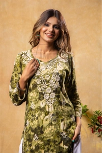 Reyon Gold Print Chikankari Straight Long Kurti- Mehndi Green - 2XL(44), Mehndi Green