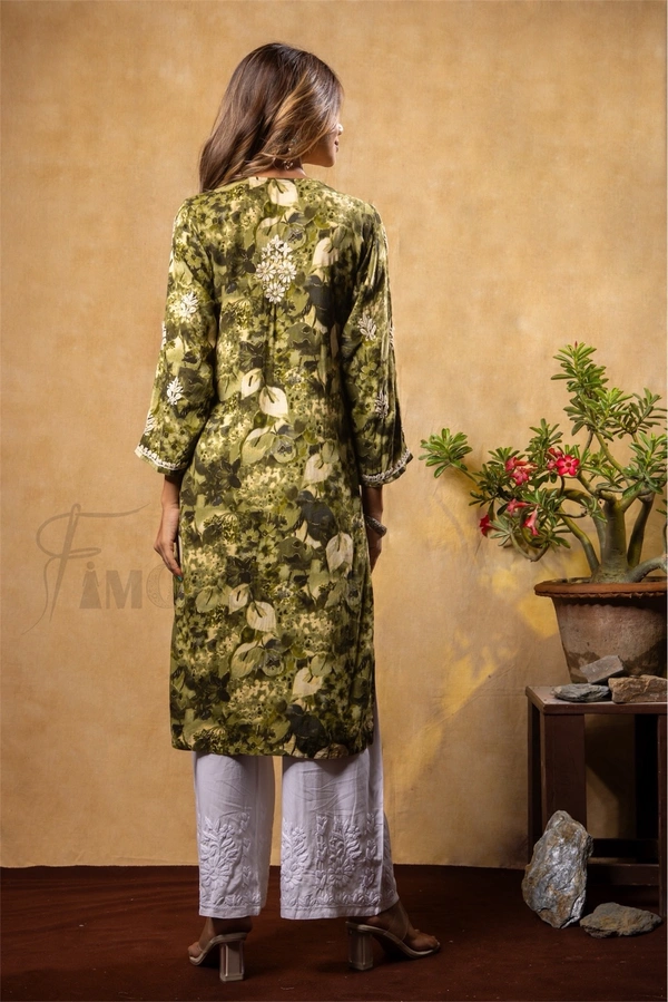 Reyon Gold Print Chikankari Straight Long Kurti- Mehndi Green - 2XL(44), Mehndi Green