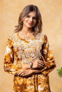 Reyon Gold Print Chikankari Straight Long Kurti- Mustard  - M(38), Mustard