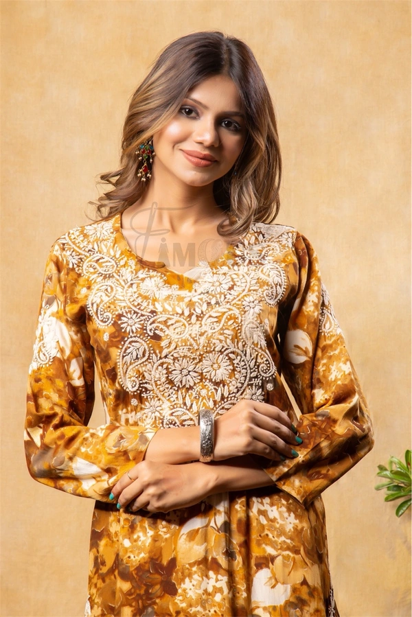 Reyon Gold Print Chikankari Straight Long Kurti- Mustard  - M(38), Mustard