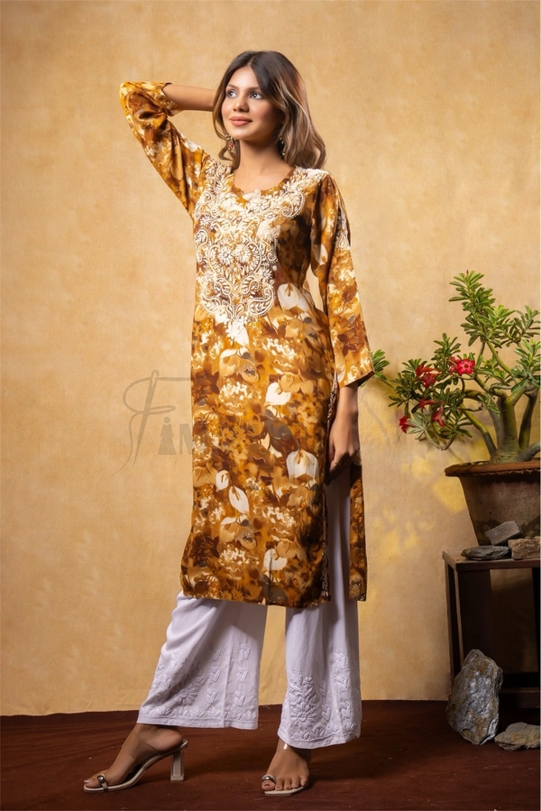 Reyon Gold Print Chikankari Straight Long Kurti- Mustard  - L(40), Mustard