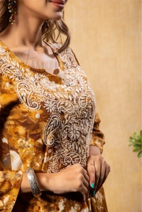 Reyon Gold Print Chikankari Straight Long Kurti- Mustard  - XL(42), Mustard