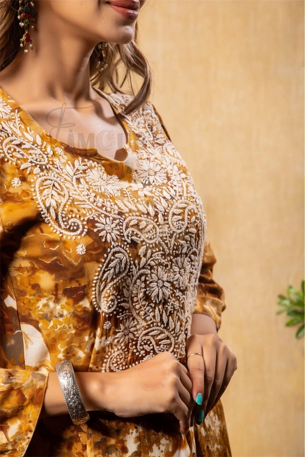 Reyon Gold Print Chikankari Straight Long Kurti- Mustard  - XL(42), Mustard